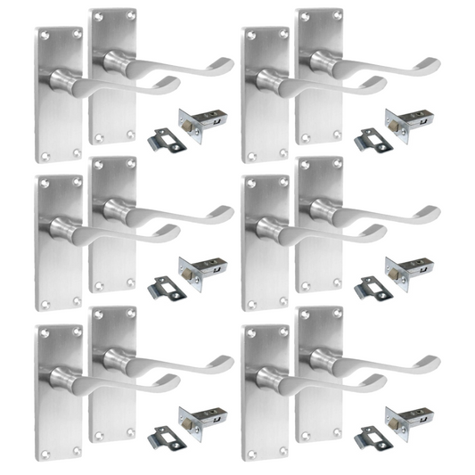 Satin Chrome Victorian Scroll lever Latch Modern Door Handles, 6 Pairs + Tubular Latch