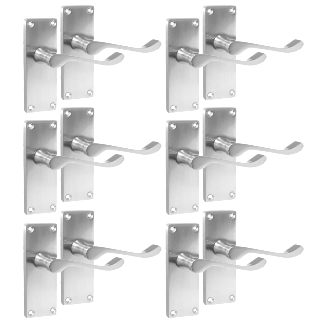 Satin Chrome Victorian Scroll lever Latch Modern Door Handles, 6 Pairs