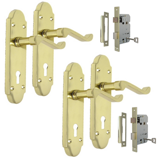 Brass Finish Epsom Victoria Scroll Lock Door Handles On Back Plate & Sash Lock