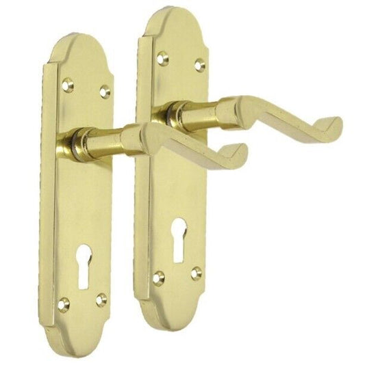 Brass Finish Epsom Victorian Scroll on Shaped Back Plate Lock Door Handle