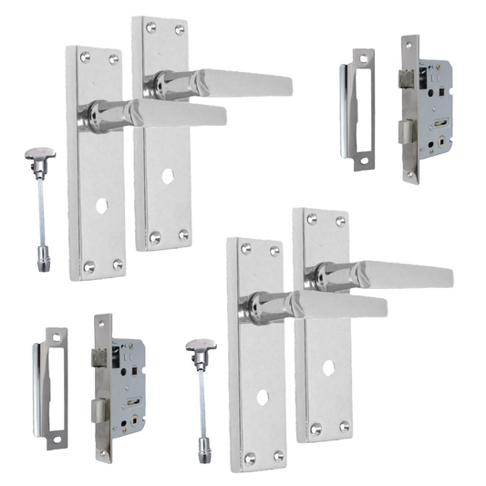 Victorian Straight Chrome Bathroom Interior Door Handles+3 Lever Mortise Lockx2.