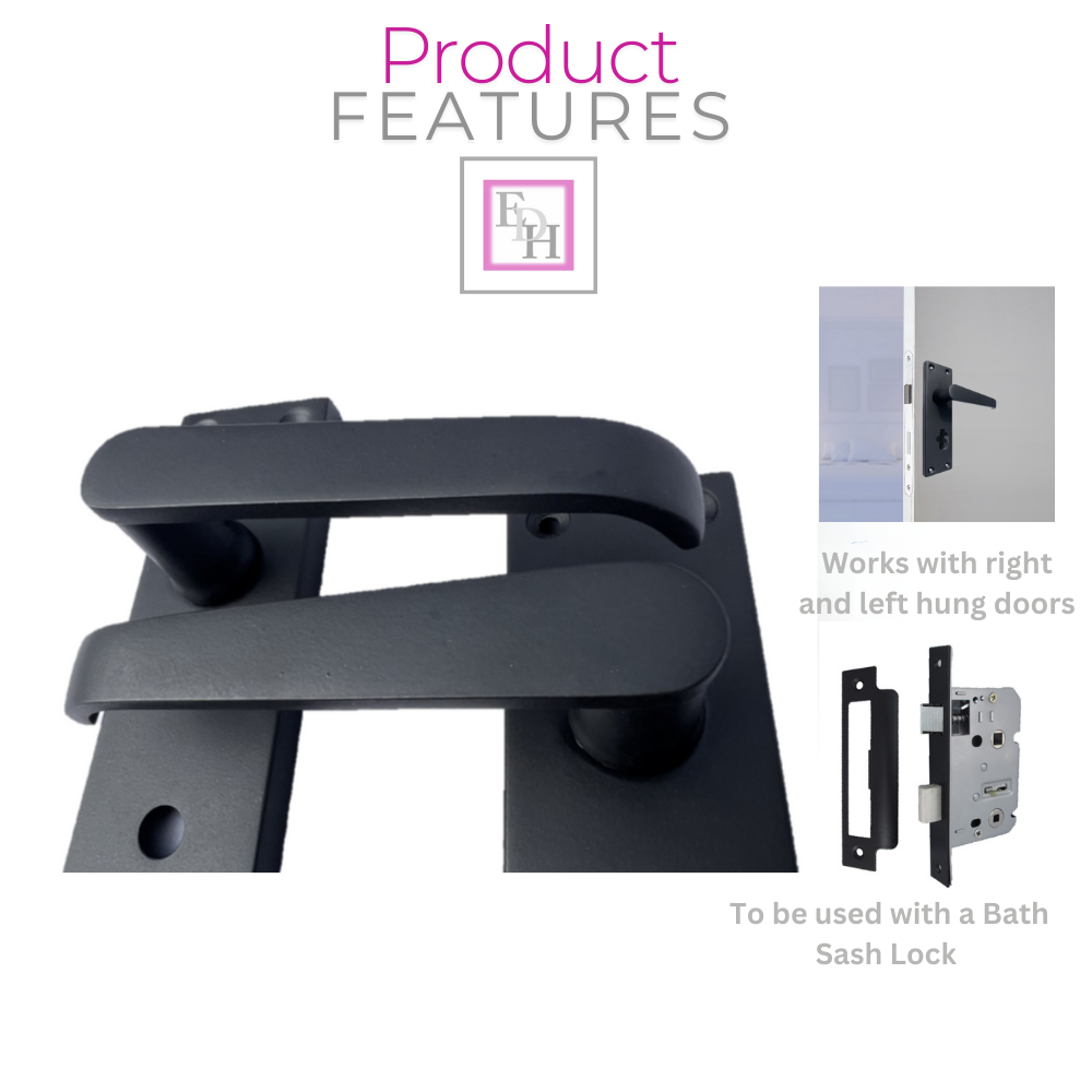 Victorian Straight Matt Black Bathroom Interior Door Handles+Bathroom SASH Lock2