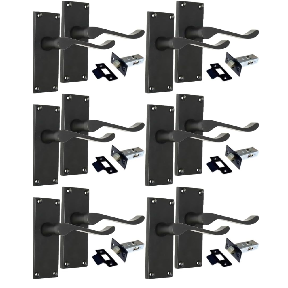 Matt Black Victorian Scroll Door Handle Lever Latch, Modern Handle + Latch x 6