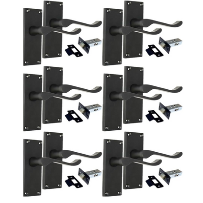 Matt Black Victorian Scroll Door Handle Lever Latch, Modern Handle + Latch x 6