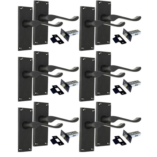 Matt Black Victorian Scroll Door Handle Lever Latch, Modern Handle + Latch x 6
