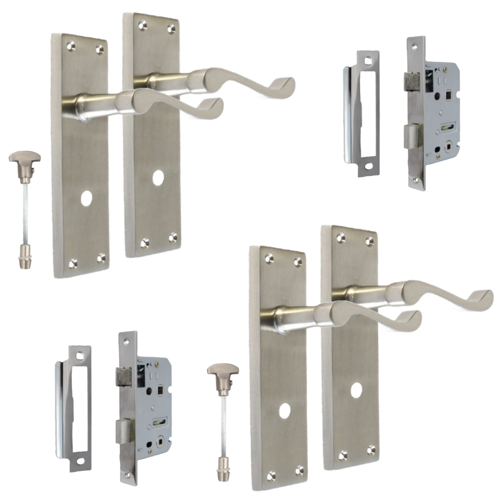 Victorian Style Satin Bathroom Door Handle with Privacy Lock + Bathroom Sash Lock, 2 Pairs