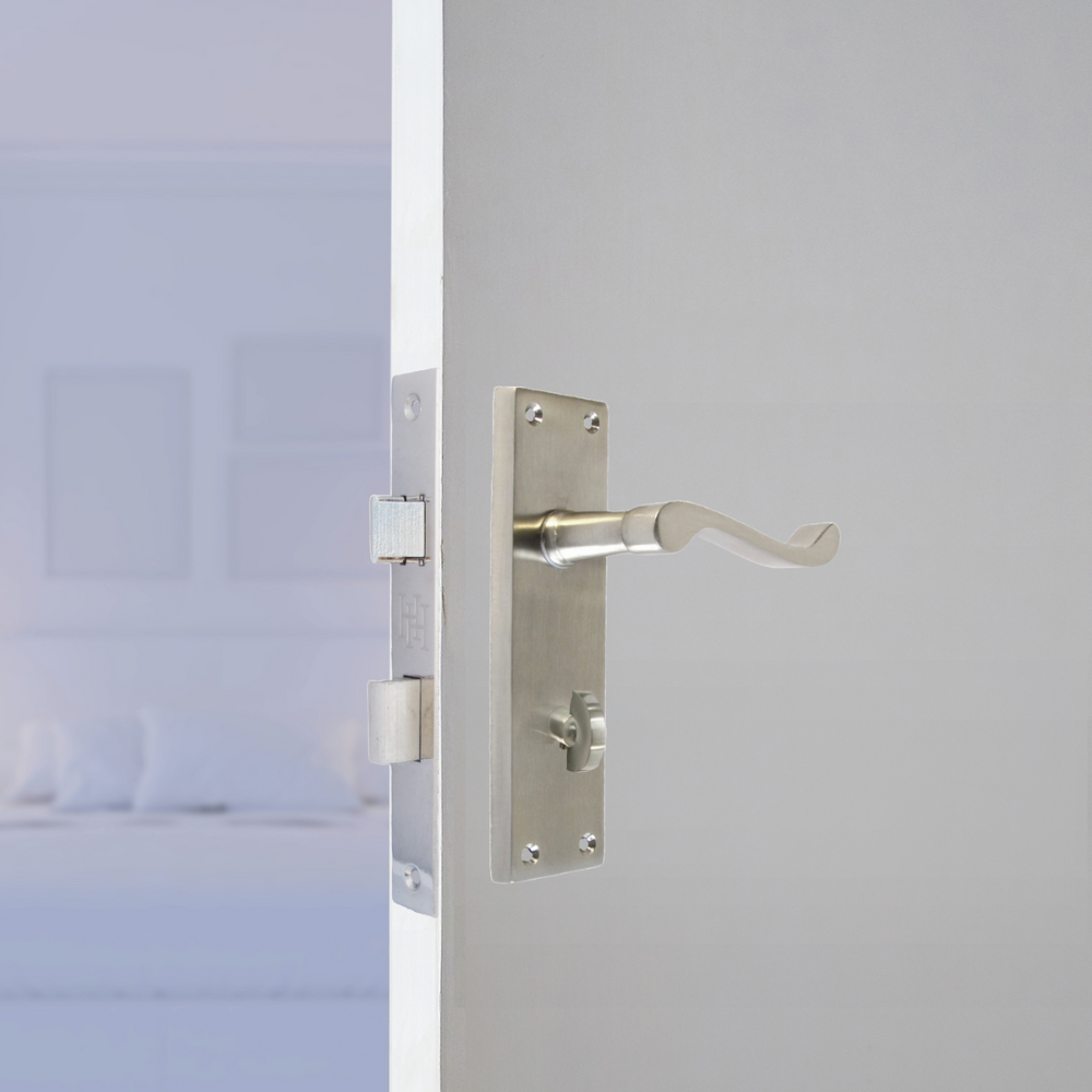 Victorian Style Satin Bathroom Door Handle with Privacy Lock + Bathroom Sash Lock, 2 Pairs