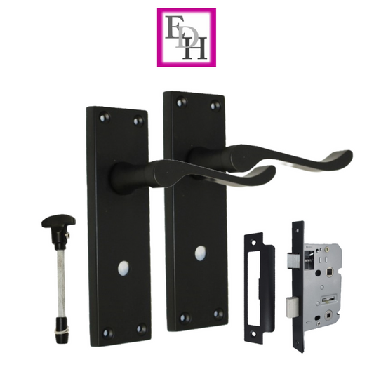 Matt Black Modern Victorian Scroll Bathroom Door Handles and Bath Lock 1 Pair