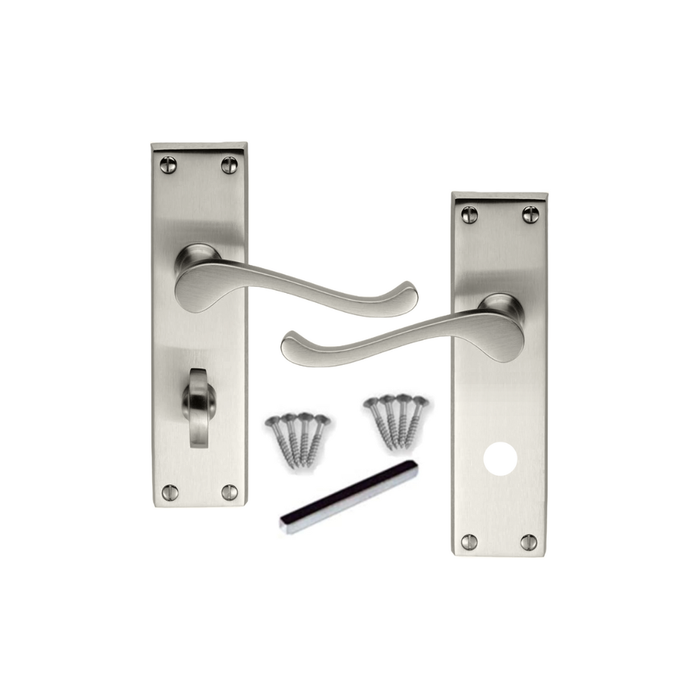 Victorian Style Satin Bathroom Door Handle with Privacy Lock + Bathroom Sash Lock, 1 Pair