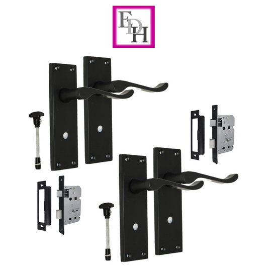 Matt Black Modern Victorian Scroll Bathroom Door Handles and Bath Lock 2 Pairs