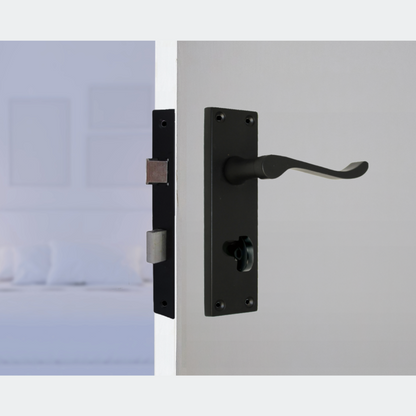 Matt Black Modern Victorian Scroll Bathroom Door Handles and Bath Lock 2 Pairs