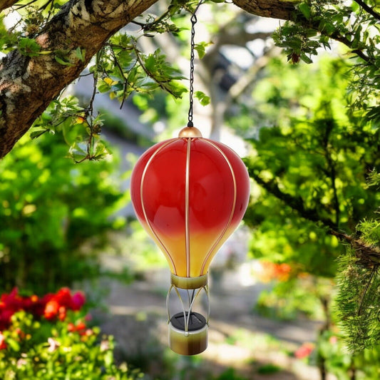 Small Flame Red Solar Hot Air Balloon – Outdoor Hanging LED Light for Garden