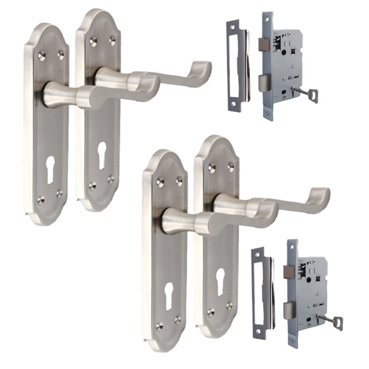Premium Satin Nickel Internal Lock Door Handle Set+3 Lever Mortice Sash Lock, 2 Pairs