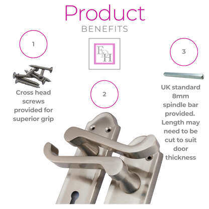Premium Satin Nickel Internal Lock Door Handle Set+3 Lever Mortice Sash Lock, 2 Pairs