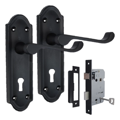 Askworth Matt Black Internal Lock Door Handles+ 3 Lever Mortice Sash Lock-170mm
