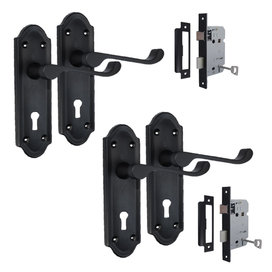 Askworth Matt Black Internal Lock Door Handles+ 3 Lever Mortice Sash Lock-170mm