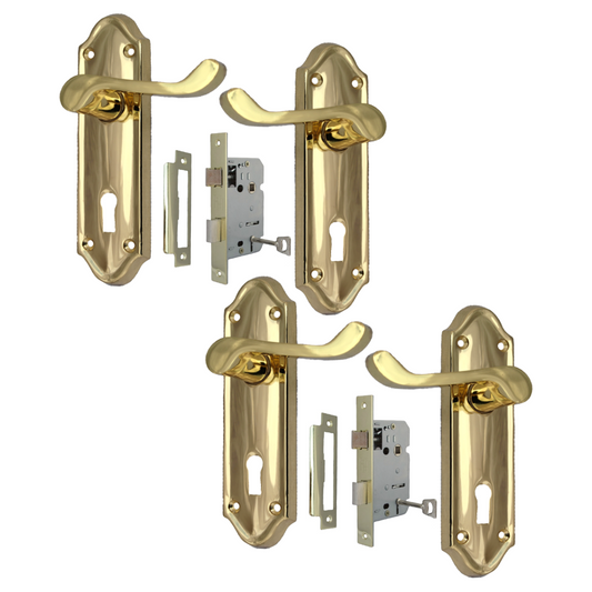 Askworth Brass Plate Internal Lock Door Handles+ 3 Lever Mortice Sash Lock-170mm