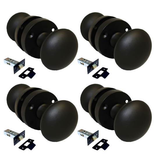 Matt Black Round Door Knob Set Including Tubular Latch - Modern Victorian Style4