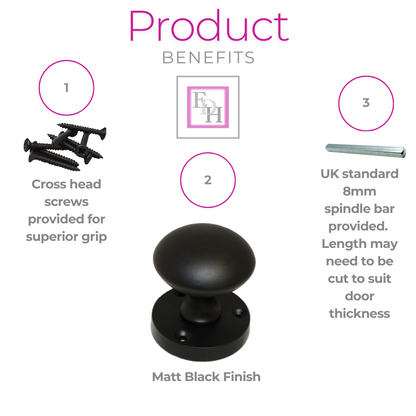 Modern Matt Black Round Rose Door Knobs Sleek & Stylish Internal Handles 4 Pairs