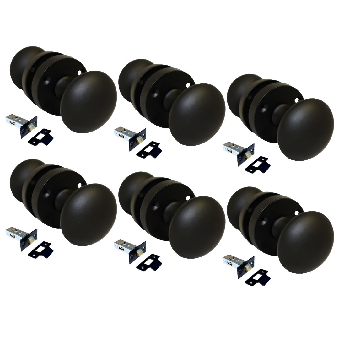 Matt Black Round Door Knob Set Including Tubular Latch - Modern Victorian Style