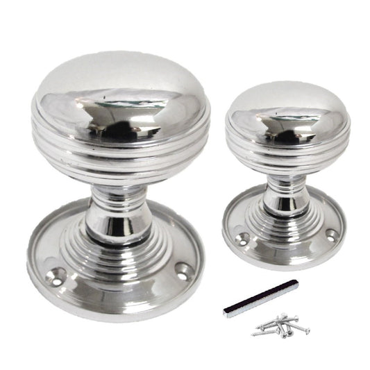 Chrome Polished Round Door Knob Set – Heavy Reeded Style Sprung Handles 1 Pair