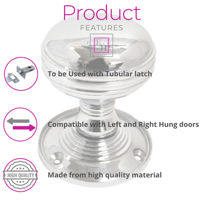 Chrome Polished Round Door Knob Set – Heavy Reeded Style Sprung Handles 1 Pair