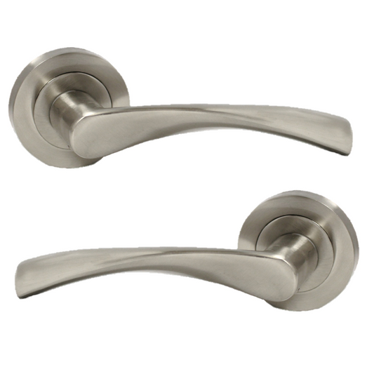 Satin Nickel Twist Door Handles + Latches Set Internal Lever on Rose 1 Pair