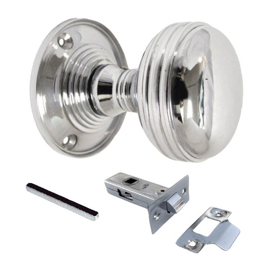 Polished Chrome Reeded Door Knobs + Latch Set Sprung Handles 1 Pair