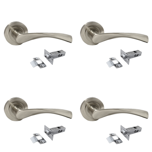 4 Pairs Satin Nickel Twist Door Handles + Latches Set Internal Lever on Rose