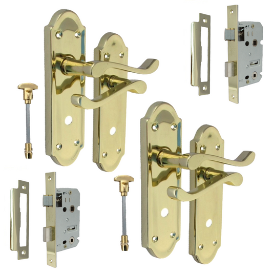 Brass Door Handles - Askworth Internal Door Handles with Bathroom Sash Lock