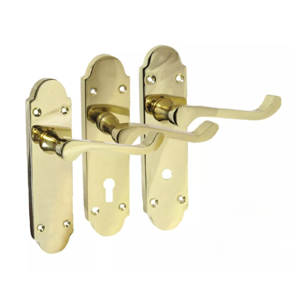 Door Handle Modern Scroll Epsom Brass Polish handles, Bath Lock Latch 168 x42mm