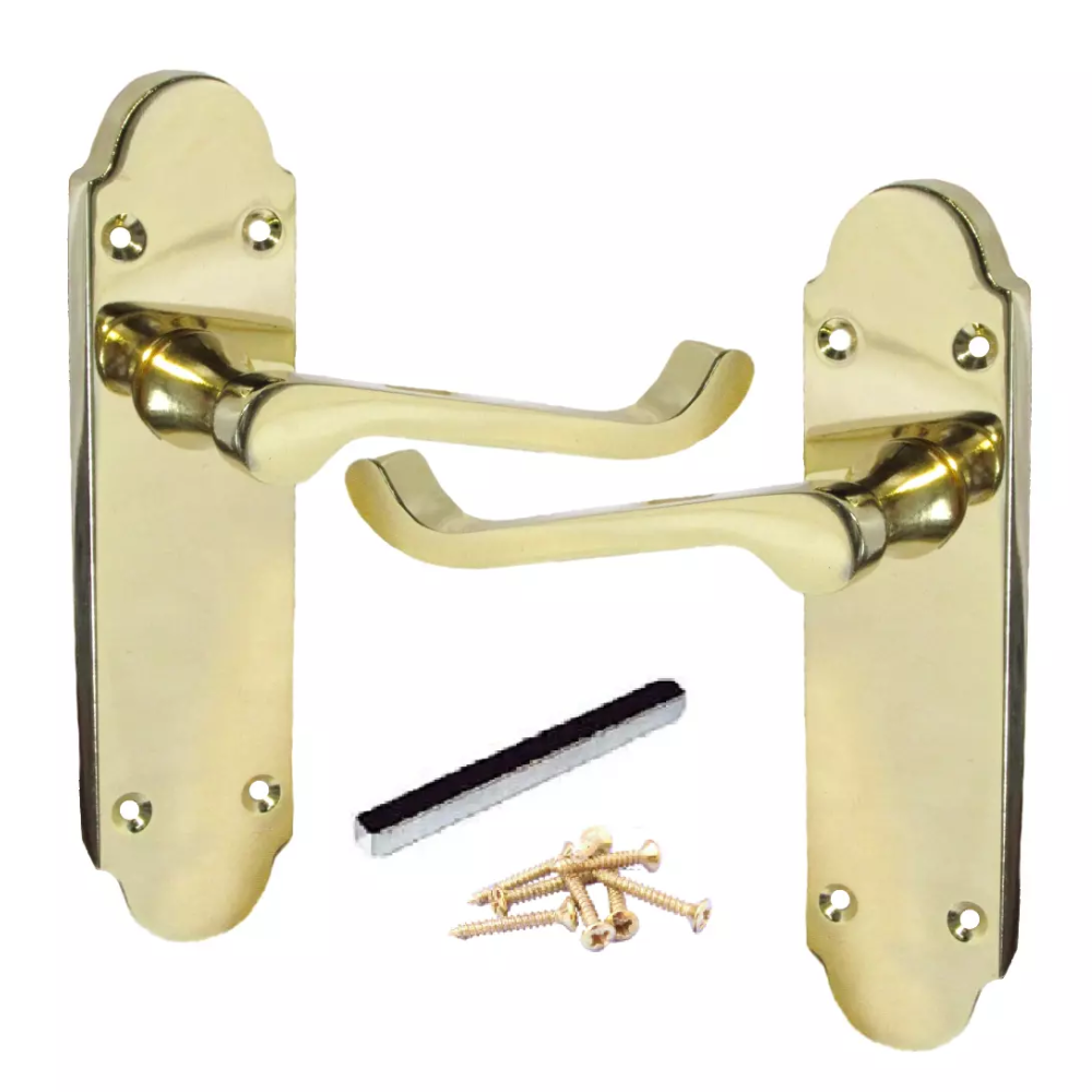 Door Handle Modern Scroll Epsom Brass Polish handles, Bath Lock Latch 168 x42mm