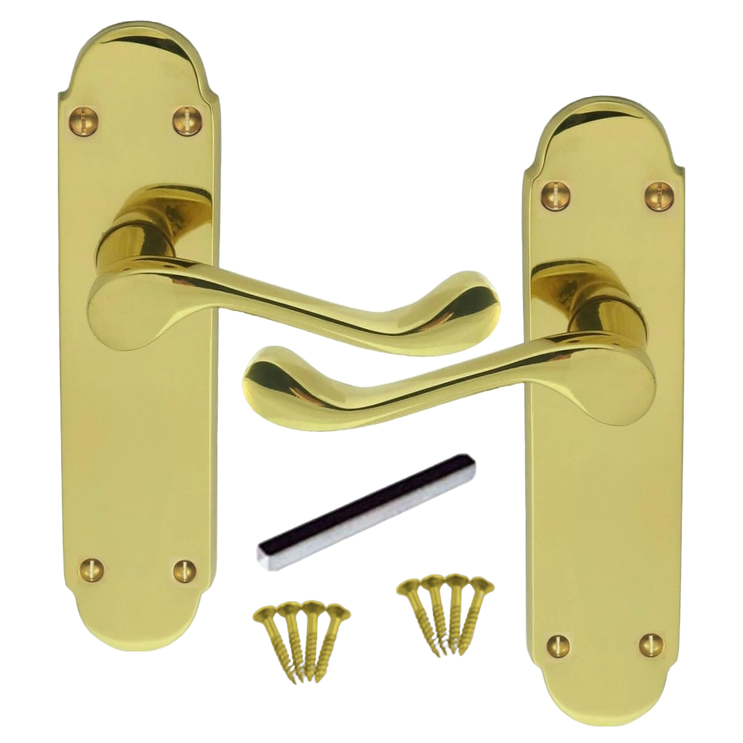 Door Handle Modern Scroll Epsom Brass Polish handles, Bath Lock Latch 168 x42mm