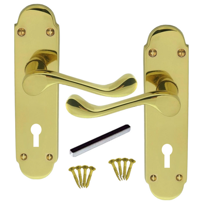 Door Handle Modern Scroll Epsom Brass Polish handles, Bath Lock Latch 168 x42mm