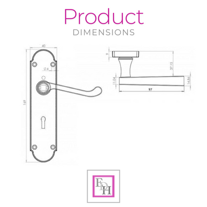 Door Handle Modern Scroll Epsom Brass Polish handles, Bath Lock Latch 168 x42mm