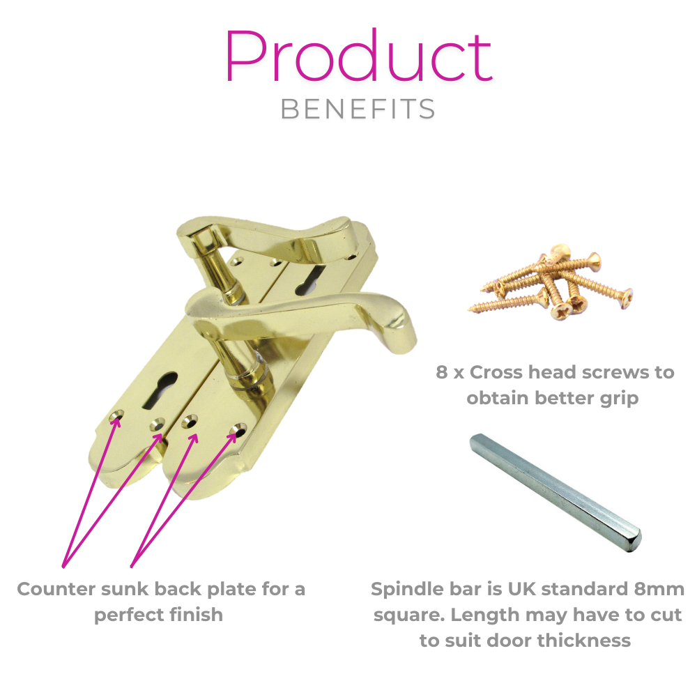 Door Handle Modern Scroll Epsom Brass Polish handles, Bath Lock Latch 168 x42mm