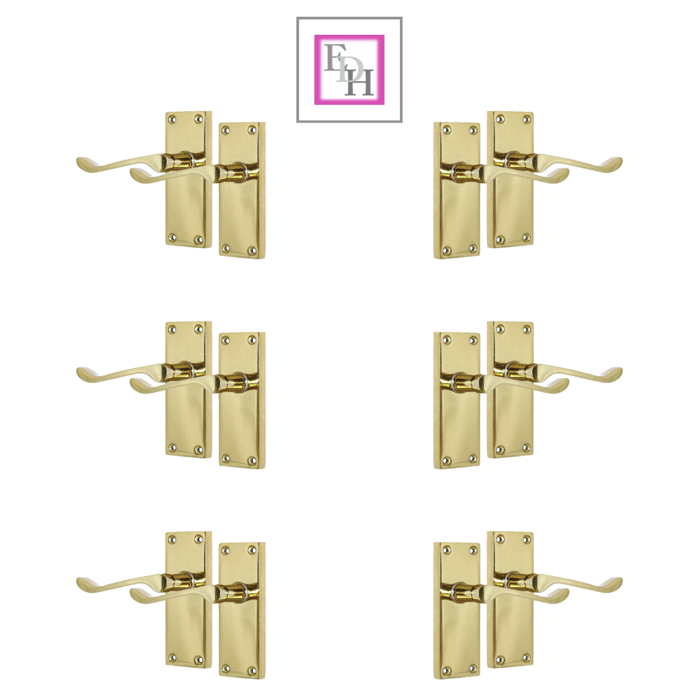 Door Handles Brass Plated  Victorian Scroll Lever Latch Modern Door Handles x 6