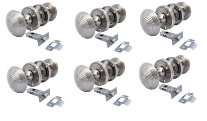 Satin Nickel Round Door Knobs- Reeded Internal Handles for Mortice Locks + Latch