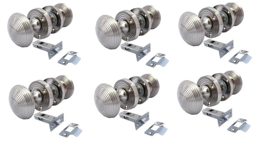 Satin Nickel Round Door Knobs- Reeded Internal Handles for Mortice Locks + Latch