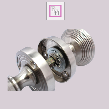 Satin Nickel Round Door Knobs- Reeded Internal Handles for Mortice Locks + Latch