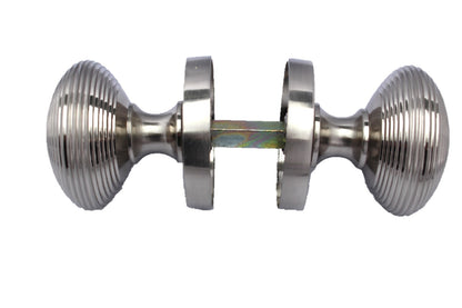Satin Nickel Round Door Knobs- Reeded Internal Handles for Mortice Locks + Latch