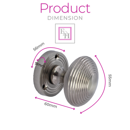 Satin Nickel Round Door Knobs- Reeded Internal Handles for Mortice Locks + Latch