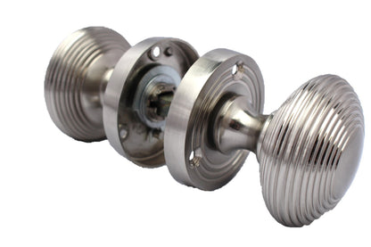 Satin Nickel Round Door Knobs- Reeded Internal Handles for Mortice Locks + Latch