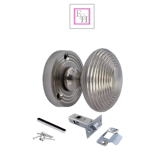 Satin Nickel Round Door Knobs- Reeded Internal Handles for Mortice Locks + Latch