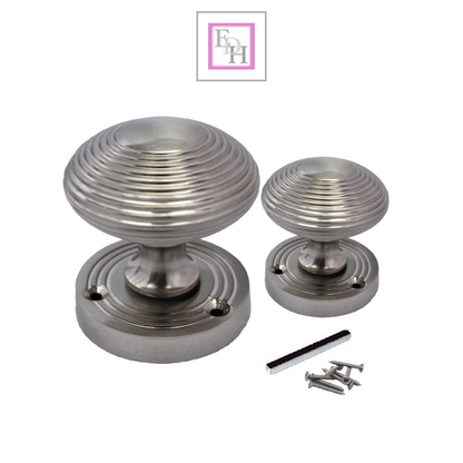 Satin Nickel Round Door Knobs- Reeded Internal Handles for Mortice Locks + Latch