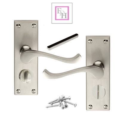 Victorian Scroll Satin Nickel Bathroom Door Handles Set with Privacy Lock 2 Pair