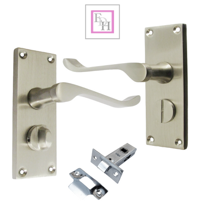 Victorian Scroll Satin Nickel Bathroom Door Handles with Privacy Lock + Latch
