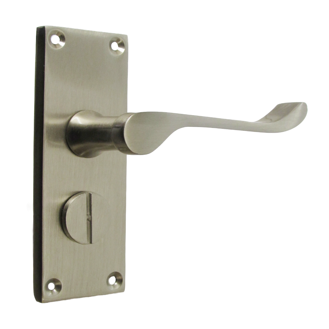 Victorian Scroll Satin Nickel Bathroom Door Handles with Privacy Lock + Latch