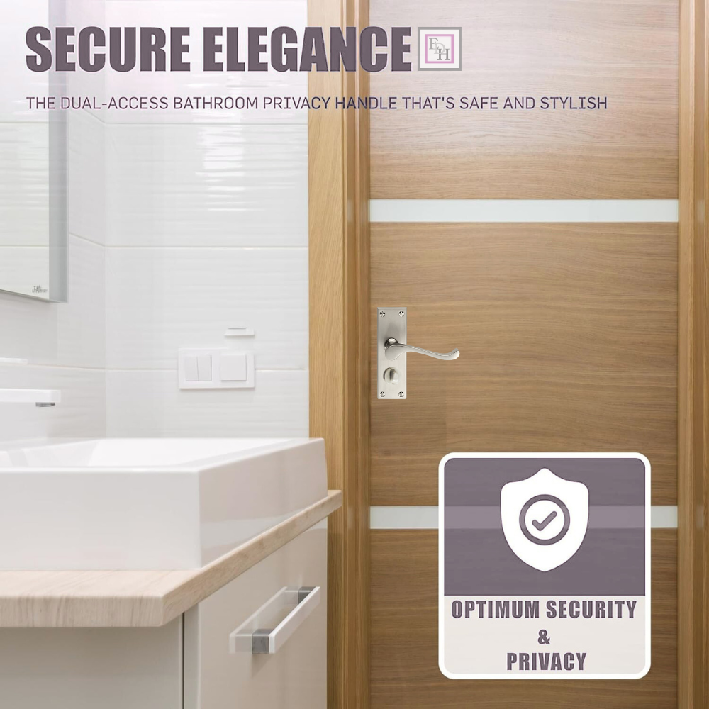 Victorian Scroll Satin Nickel Bathroom Door Handles with Privacy Lock + Latch