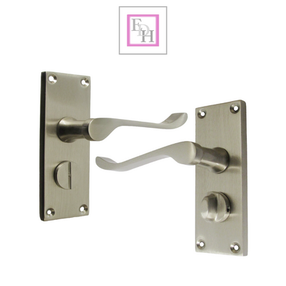 Victorian Scroll Satin Nickel Bathroom Door Handles with Privacy Lock + Latch